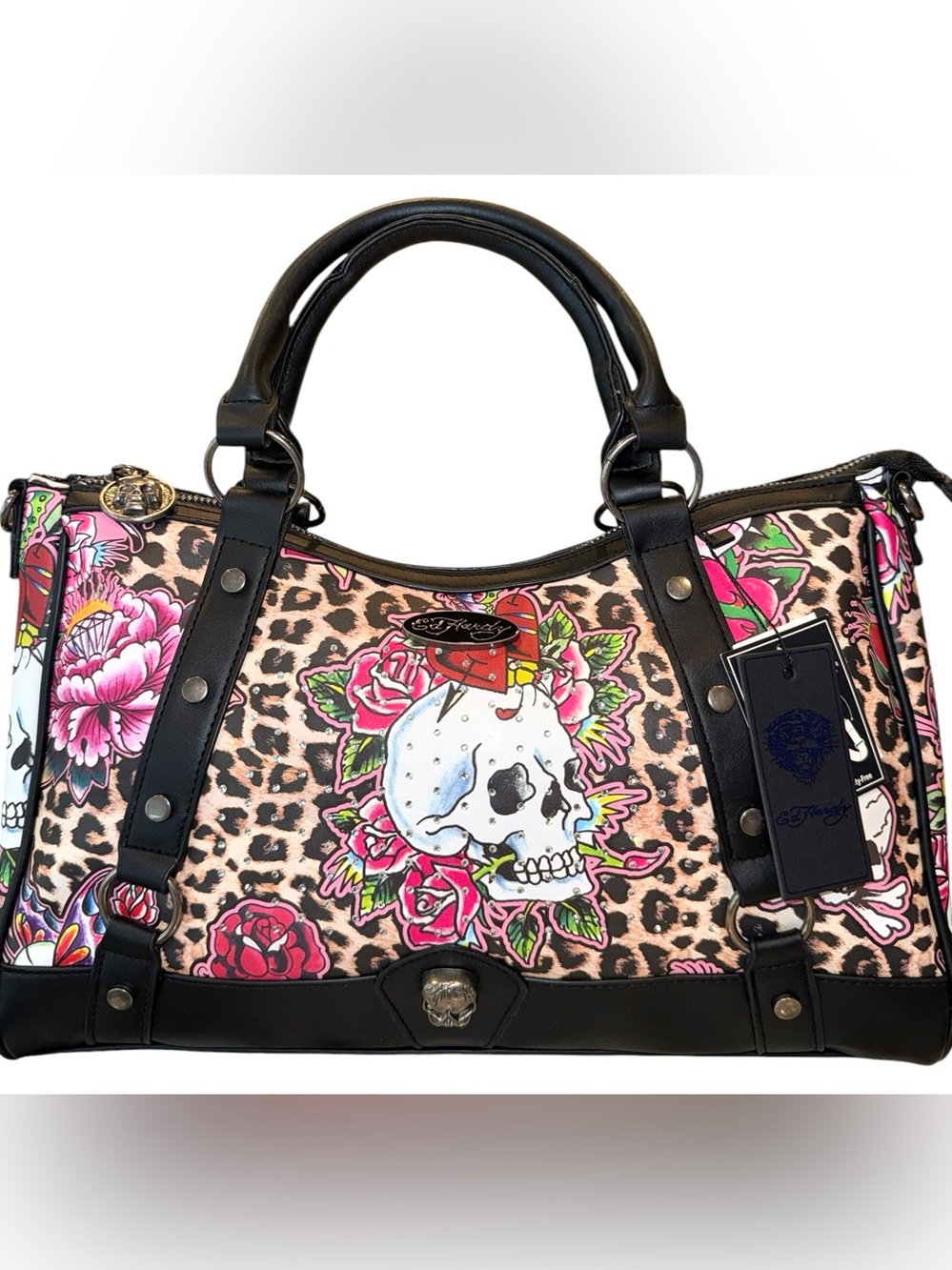 Ed Hardy Leopard Skull & Roses Satchel - Black, Pink, Red